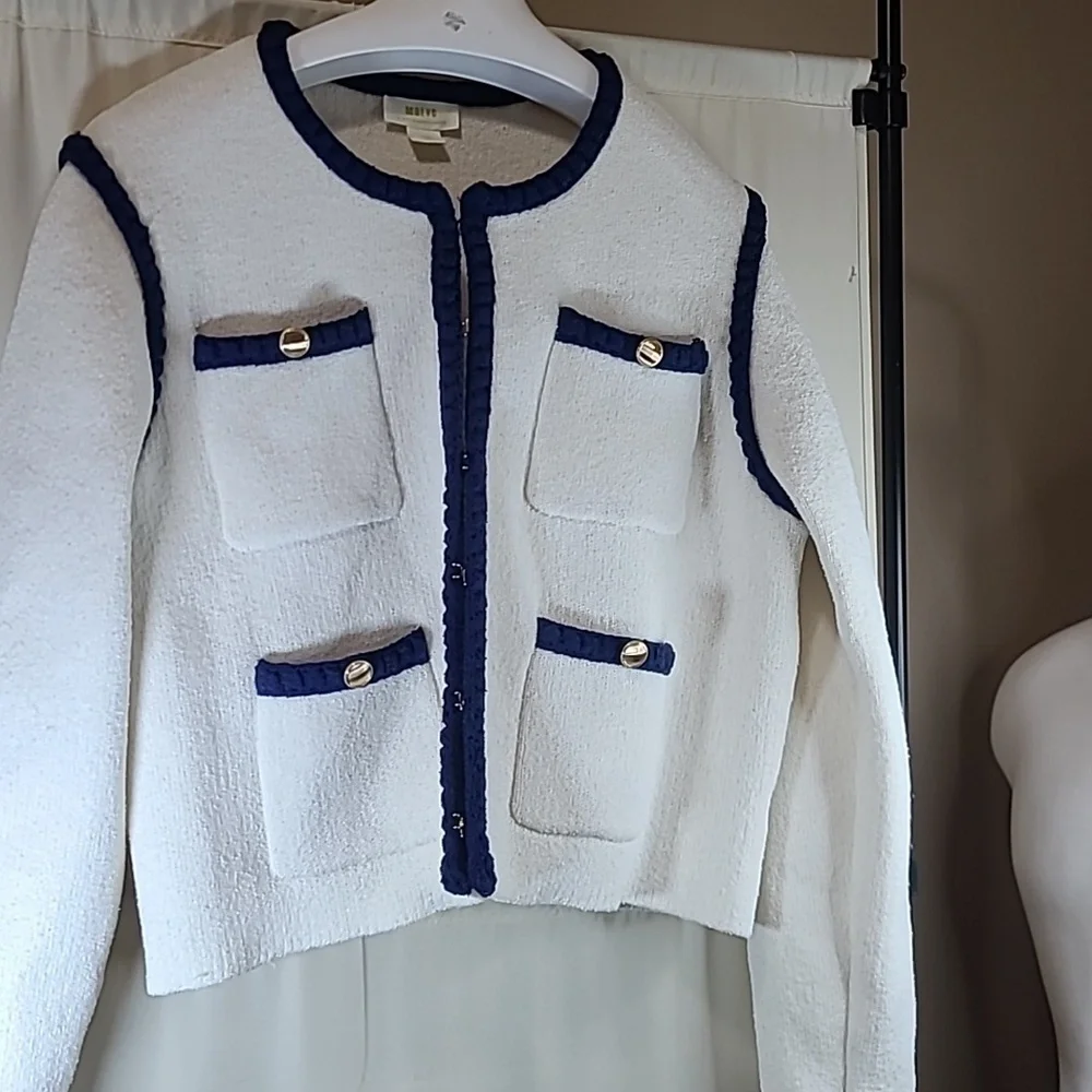 MAEVE by Anthropologie Collarless Tipped Knit Jacket in Beige and Blue - Picture 1 of 9